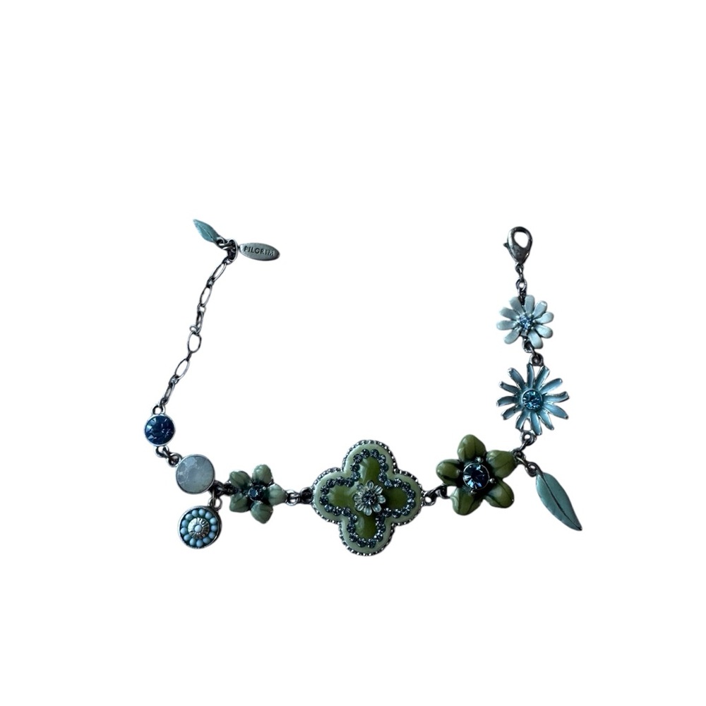 Pilgrim Green and Blue Floral Charm Bracelet